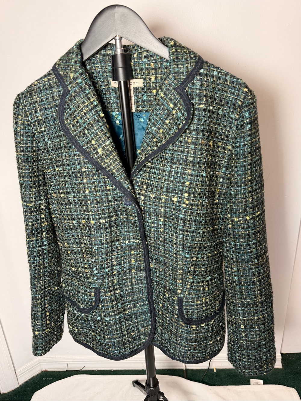 Notations Teal Green Tweed Blazer with Navy Trim